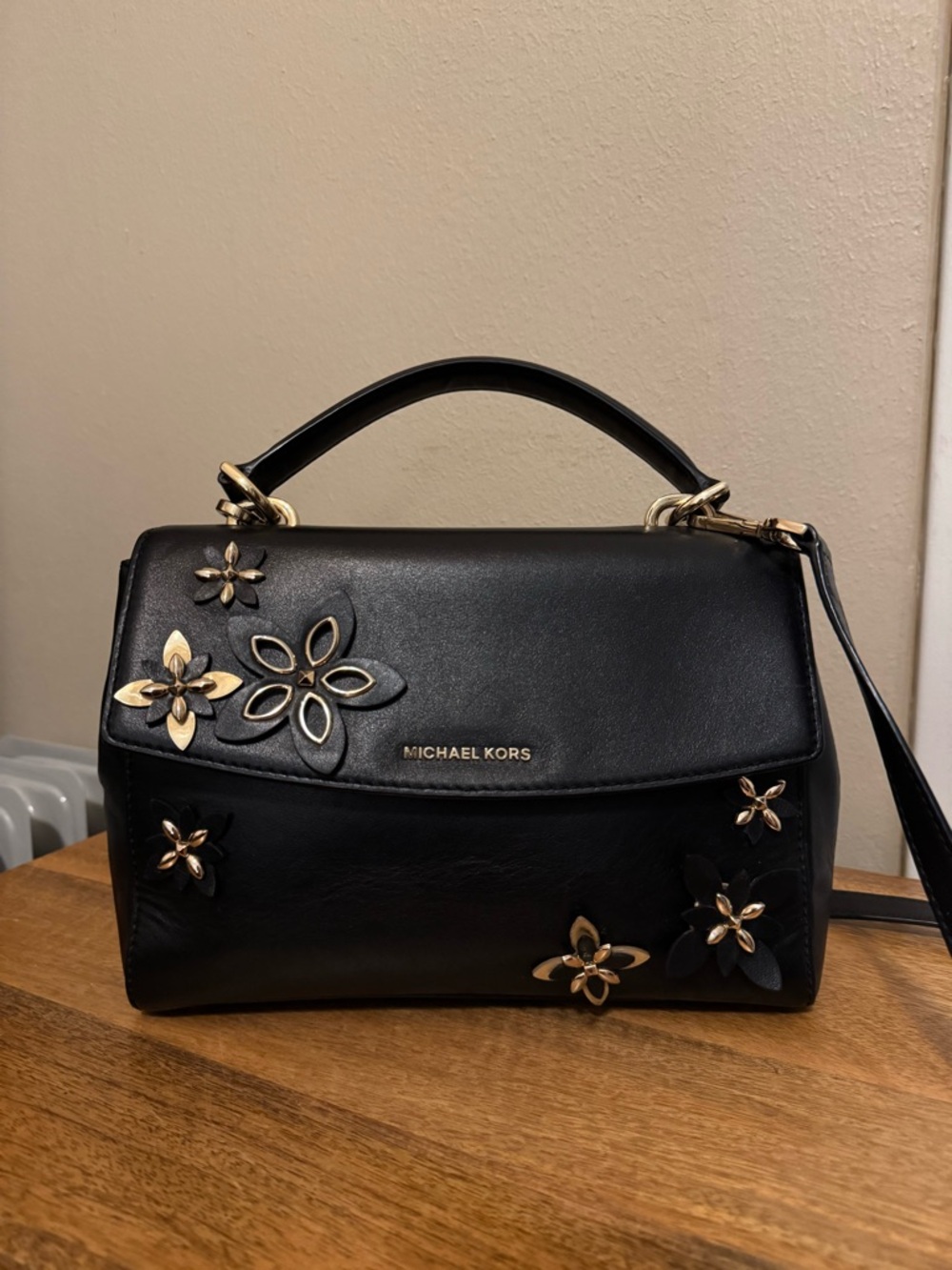 Michael Kors Flowers Ava Small Leather Top Handle Satchel Purse Black floral